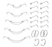 Kiethleasa 20G Nose Ring Piercing Chain Stainless Steel Across Nostril Jewelry With CZ Hoop Bone Screw L Shaped Stud for Women Men High Bridge Jewelry, Stainless Steel, cubic zirconia