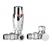 Kiev Chrome Corner Thermostatic Radiator & Towel Rail Valve TRV 8mm | 8mm Pipework, Designer, Central Heating Valve, TRV & Lock shield Set