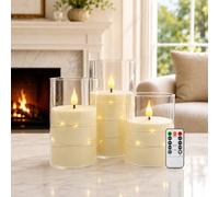 Kiexung Flashing Flameless Candle with String Light, Battery Powered Candle, Recessed String LED Candle, Indestructible Plexiglass Candles with Remote Control, Set of 3, Ivory White