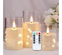 Kiexung Flashing Flameless Candle with String Light, Battery Powered Candle, Recessed String LED Candle, Indestructible Plexiglass Candles with Remote Control, Set of 3, Ivory White