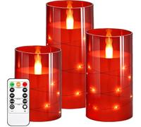 Kiexung Flashing Flameless Candles with String Light, Battery Powered Candle, Recessed String LED Candle, Indestructible Plexiglass Candles with Remote Control, 3 Piece Set, Red