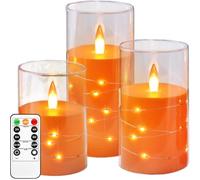 Kiexung Flashing Flameless Candles with String Light, Battery Powered Candle, Recessed String LED Candle, Indestructible Plexiglass Candles with Remote Control, Set of 3, Orange