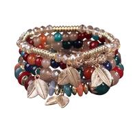 KIFEDSLJ Bohemian Colorful Crystal Stone Beads Stretch Bracelets MultiLayer Leaf Charm Stackable Beaded Bracelets for Women Vaction Jewelry, elastic, Crystal, no gem