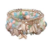 KIFEDSLJ Bohemian Colorful Crystal Stone Beads Stretch Bracelets MultiLayer Leaf Charm Stackable Beaded Bracelets for Women Vaction Jewelry, elastic, Crystal, no gem