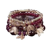 KIFEDSLJ Bohemian Colorful Crystal Stone Beads Stretch Bracelets MultiLayer Leaf Charm Stackable Beaded Bracelets for Women Vaction Jewelry, elastic, Crystal, no gem