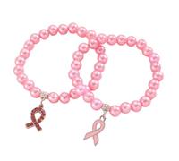 KIFEDSLJ Breast Cancer Awareness Bracelets Imitition Pearl Beaded Pink Ribbon Charm Stretch Bracelets Faith Hope Courage Strength Jewelry, elastic, no gem