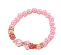 KIFEDSLJ Breast Cancer Awareness Bracelets Imitition Pearl Beaded Pink Ribbon Charm Stretch Bracelets Faith Hope Courage Strength Jewelry, elastic, no gem