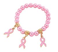 KIFEDSLJ Breast Cancer Awareness Bracelets Imitition Pearl Beaded Pink Ribbon Charm Stretch Bracelets Faith Hope Courage Strength Jewelry, elastic, no gem