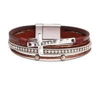 KIFEDSLJ MultiLayer Leather Cross Cuff Bracelets Christian Crystal Beads Cross Blessed Bangle for Women Men, elastic, Leather, no gem