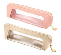 Kifmurase 2Pcs Clear Makeup Brush Bag, Leather Slim Makeup Case, Portable Transparent Waterproof Cosmetic Pouch with Zipper, Double Sided Clear Bag for Women Travel Storage (White, Pink)