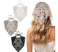 Kifmurase 3 Pcs Knitted Bandana Headband, Crochet Bandanas Headbands, Triangle Head Hair Scarf, Vintage Knit Lace Floral Hollow Kerchief Hairband for Hair Styling Accessories Decor (Beige/Black/Gray)