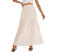 KIFOVEN Women's Sheer Mesh Maxi Skirt High Waist Flowy A Line See Through Long Skirt, Solid Beige, S