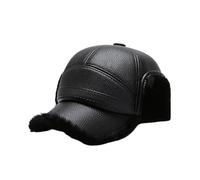 KIFSDLF Winter Baseball Cap Men PU Leather Bomber Caps Middle Elderly Dad Hat With Earflaps Thicker Warm Windproof Tongue Keep for Outdoor Skiing Skating(Black)
