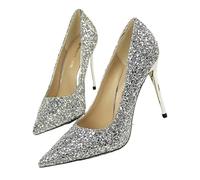 KIFSDLF Women's Pointed Toe Slow Mouth Uppers Sparkling Cloth PU Lined Ultra High Stilettos(Silver,39)
