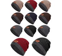 Kigeli 12 Pcs Winter Beanie Bulk for Men Women, Fleece Inner Warm Hat Homeless Donations Thick Skull Cap Winter Knit Beanie, Black, Navy Blue, Red, Gray, Coffee, Beige, 22.05 x 23.23 inches