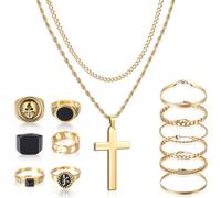 Kigeli 15 Pcs Gold Jewelry Set for Men, Stainless Steel Cross Pendant Layered Necklace Cuban Link Bracelet Vintage Ring Gothic Hip Hop Chain Chunky Jewelry Set for Women Men Religious Gifts