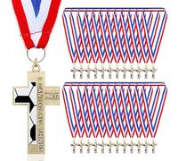 Kigeli 24 Pack Basketball Baseball Softball Cross Award Medals Team Participation Trophy Prize with Red White Blue Striped Ribbon Religious Christian Gift Easter Basket Stuffer Sport Party(Soccer)