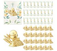 Kigeli 25 Set First Communion Lapel Pins with Gift Card Gold Enamel Pins Bulk Minister Catholic Religious of Holy Communion Pin Christian Inspirational Lapel Pin for Women Gifts, 2.36 x 3.54 inches
