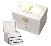 Kigeli 3 Pcs First Communion Gifts for Girls Exquisite My First Jewelry Keepsake Box Gifts with Pray Card and Bag Set, Delicate Baptism Jewel Box with Cross for Girls Christian Christening Gift