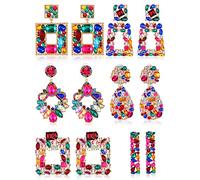 Kigeli 6 Pairs Rhinestone Rectangle Statement Earrings for Women Crystal Geometric Drop Dangle Earrings Colorful Square Teardrop Diamond Bejeweled Earrings for Prom Party Jewelry Gifts Collection