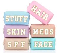 Kigeli 6 Pcs Large Preppy Patch Makeup Bag Chenille Letter Bag PU Leather Waterproof Travel Cosmetic Pouch Patches Makeup Organizer Bags Set for Women Girls, Watercolor Color