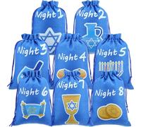 Kigeli 8 Pcs Nights of Hanukkah Gift Bags Hanukkah Countdown Calendar Chanukah Reusable Drawstring Linen Gift Bags Festival of Lights Linen Party Favors