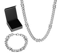 Kigeli Barbed Wire Necklace and Bracelet Set with Jewelry Box 9mm Punk Gothic Thorns Stainless Steel Chain for Men Women Silver Thick Heavy Cuban Link Chain, Emo Style Jewelry Gift