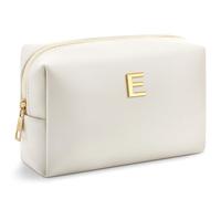 Kigeli Initial Makeup Bag Preppy Cosmetic Bag with A-Z Patch Small PU Leather Travel Toiletry Pouch for Women Sister Birthday Bridesmaid Gift for Christmas (E)