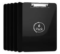 Kiggos 6 Pack Plastic Clipboards Black Clip Boards Low Profile Metal Clip Board 12.5 x 9 Inch Letter Size Bulk Class Set Acrylic Clip Boards with Hanging Hook - Holds 100 Sheets
