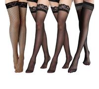 Kighdel 4 Pairs Black Women's Hold Up Stockings - One Size, Fishnet, Lace Pattern, Above the Knee, Adult, Low Rise, 20-40 Denier, 4 Count
