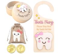 Kighdel 4PCS Tooth Fairy Box Set Tooth Fairy Door Hanger Tooth Fairy Box with Storage Pouch Gold Foil Reward Coin Wooden Doorplate Tooth Fairy Coin for Tooth Loss Baby Birthday Gifts