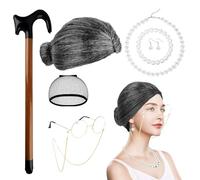 Kighdel 8Pcs Old Lady Fancy Dress Granny Dress Up Gift Present Granny Wig Cap Pearl Earrings Necklace Cane Glasses Bracelet Granny Costume for Halloween, World Book Day