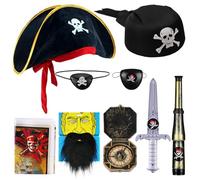 Kighdel 9Pcs Pirate Costume Accessories, Medieval Bandana Kit Renaissance Captain Role Play Set with Headscarf Sash Necklace Bracelet Eye Patch Earring