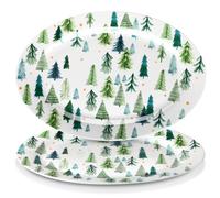 Kigley 2 Pcs Christmas Oval Ceramic Serving Platters 14" x 9" Watercolor Tree Platters for Xmas Winter Holiday Dinner