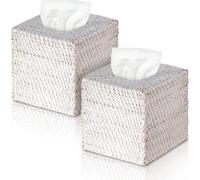 Kigley 2 Pcs Square Rattan Tissue Box Cover Boho Wicker Tissue Cube Box Cover 5.5'' x 5.5'' x 5.5'' Decorative Natural Wicker Hand Woven Napkin Box Holder Bathroom Office Car Accessories (White)