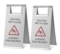 Kigley 2 Pcs Wet Floor Sign, 17 Inch Stainless Steel Caution Wet Floor Sign Double Sided Portable Foldable Bilingual Safety Warning for Hotel Market Restroom Restaurant Office (Silver)