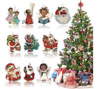 Kigley 20 Pcs African American Christmas Ornament Santa Christmas Decorations African Girl Wooden Hanging Angel Elf Vintage Rustic Santa Ornaments for Christmas Tree Xmas Party Decor