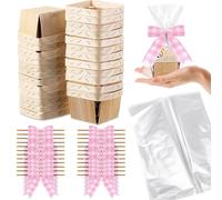 Kigley 24 Set Wooden Gift Baskets Empty Small Gift Basket with Cellophane Bags Bows Basket Kit for Easter DIY Picking Fruit Birthday Wedding Bow Party(4 Inch,Pinkwhite Check)