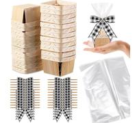 Kigley 24 Set Wooden Gift Baskets Empty Small Gift Basket with Cellophane Bags Bows Basket Kit for Easter DIY Picking Fruit Birthday Wedding Bow Party(4 Inch,Blackwhite Check)