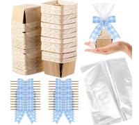 Kigley 24 Set Wooden Gift Baskets Empty Small Gift Basket with Cellophane Bags Bows Basket Kit for Easter DIY Picking Fruit Birthday Wedding Bow Party (4 Inch,Bluewhite Check)