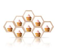 Kigley 8 Pcs Mini Honeycomb Cupcake Stand Wooden Hexagon Cake Display Holder Farmhouse Hexagonal Floating Table Sign for Baby Shower Birthday Party(Burly Wood)