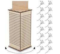 Kigley Wooden Rotating Display Stand 4 Sided Revolving Jewelry with Heavy Duty Pegboard Hooks, Keychain Rack 360° Rotating Pegboard for Craft Shows(4.7 x 4.7 x 11.8 Inch)