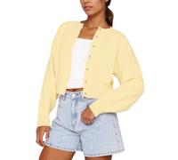 KIGRAD Women Casual Open Front Button Down Cropped Cardigan Sweaters Y2k Crewneck Long Sleeve Fall Knitwear Teen Clothes, Yellow, Small