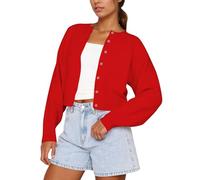 KIGRAD Women Casual Open Front Button Down Cropped Cardigan Sweaters Y2k Crewneck Long Sleeve Fall Knitwear Teen Clothes, Red, M