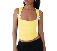 KIGRAD Women Y2k Bow Tank Top Sleeveless Scoop Neck Crop Tops Aesthetic Bow Cami Shirts Preppy Clothes Summer Going Out, Yellow, S