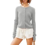 KIGRAD Women Y2k Cute Crewneck Cable Knit Lightweight Cropped Cardigan Tops Fall Open Front Button Pullover Sweaters, Gray, Small