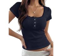 KIGRAD Women Y2k Lace Trim Scoop Neck Short Sleeve Henley Baby Tee Shirts Button Front Preppy Pointelle Fitted Crop Tops, Navy, S