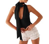 KIGRAD Women Y2k Sexy Deep V Neck Crop Halter Tops with Long Scarf Coquette Self Bow Tie Up Open Back Tank Cami Shirts, Black, S
