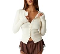 KIGRAD Womens Open Front Button Up Cropped Cardigan Ribbed Knit Long Sleeve Shirt Casual Solid Crop Top Cardigan Sweater, White, M