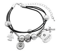 Kigu Maya Name Bracelet - Genuine Leather Multi Strand Bracelet & 18K White Gold Plated Engraved Heart Charm